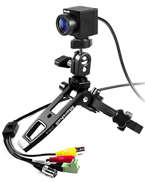 IP67 rated weatherproof mini camera on heavy duty Marshall stand