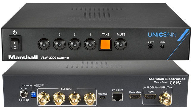 4-input Seamless 3GSDI Quad-View Switcher, front and rear views