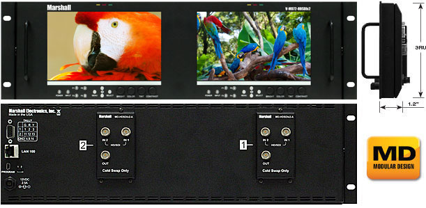 Dual 7 inch 3RU High Resolution LCD Rack Mount Monitor Dual HD-SDI Modules and Loop-Through